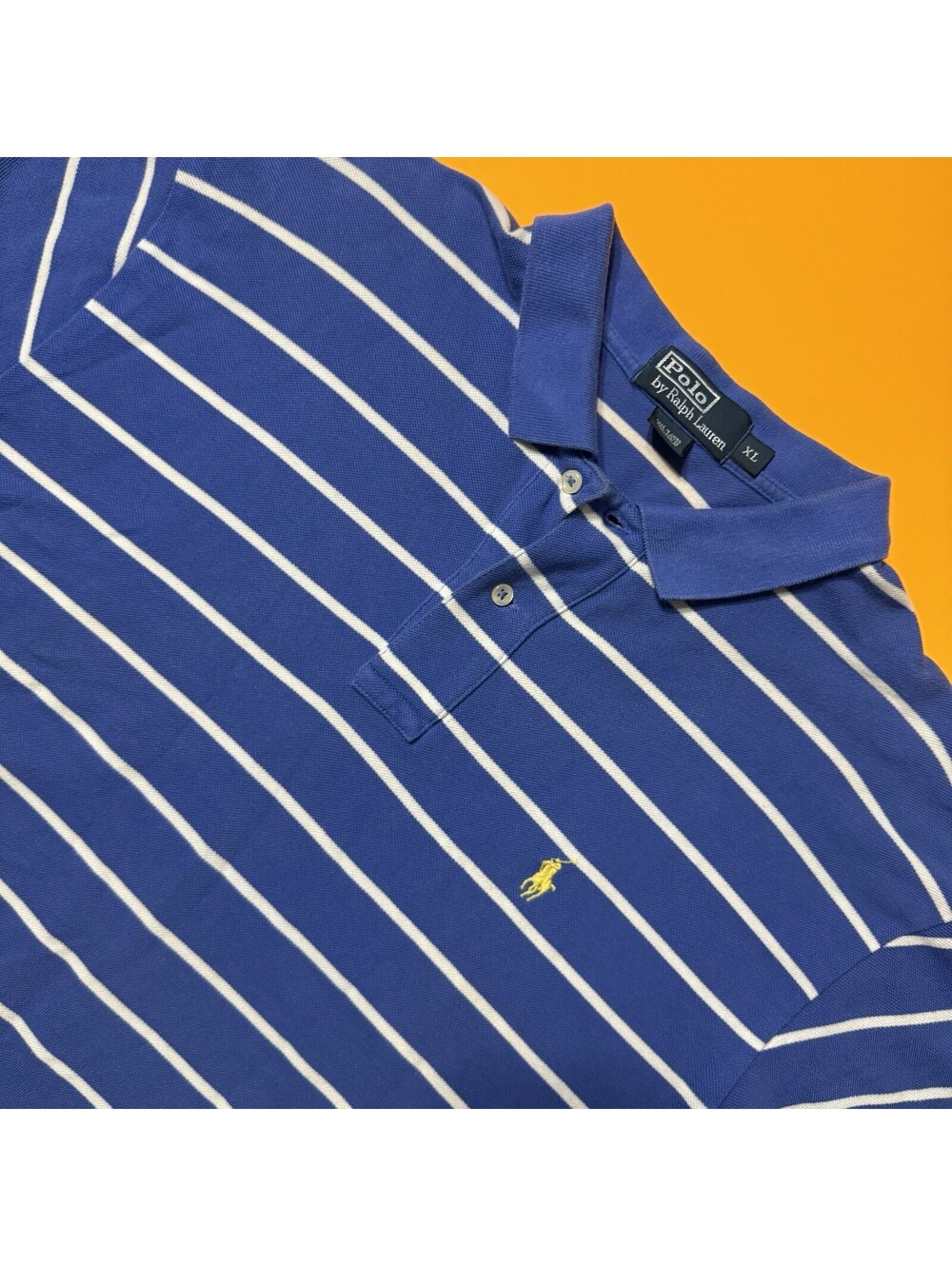 Vintage Ralph Lauren Polo Shirt LL 90s Blue White Border Yellow Pony Men’s XL